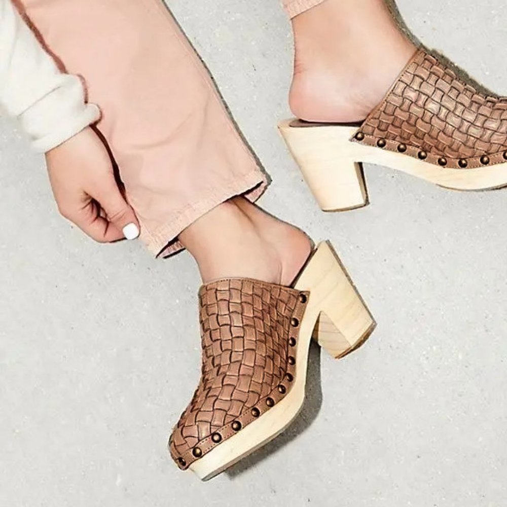 Free People Woven Leather Clog Mules in Tan